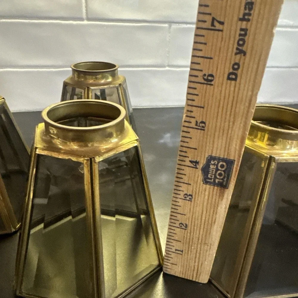 Vtg Brass 6 Panel Beveled Smokey Glass 4 Replacement Shades 4.75